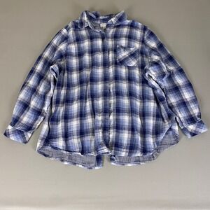 Avenue Tunic Top Women's Plus 30/32 Plaid Button Down Shirt Blue White Roll Tab‎